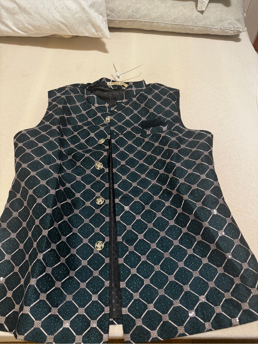 Men’s Dark Teal Blue/Green Geometric Button Nehru Vest, Indian Wedding